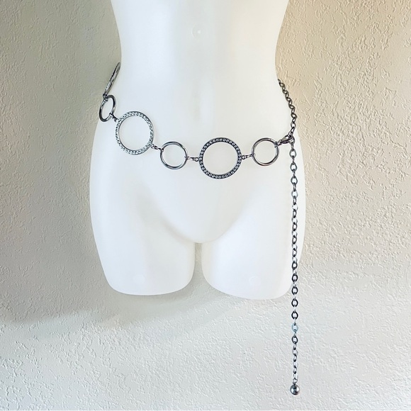 Aged silvertone, vintage clear bling circle chain adjustable hip belt main image 6